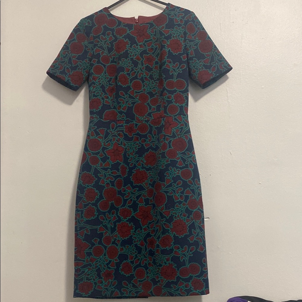 NWT J. Crew Blue and Red Sheath Dress Short Sleeve Crew Neck Midi